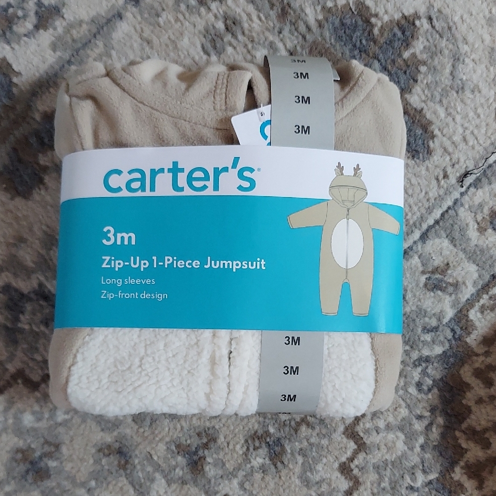 Carter's Beige and White Reindeer Zip-Up Jumpsuit.